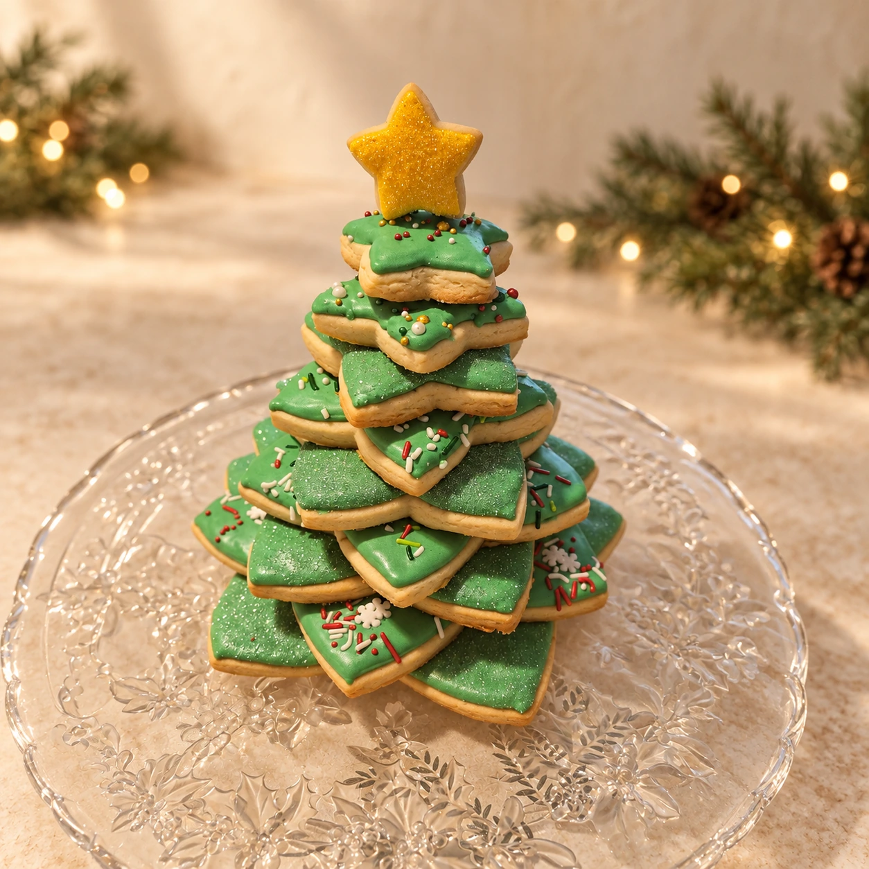 Stacked Christmas tree cookie display